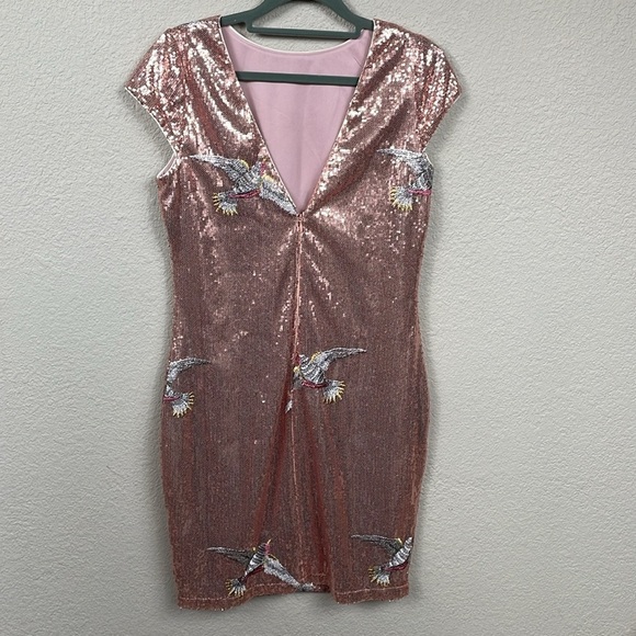 LOB Sequin Dress with Bird Embroidery Mini Shift V Back Sparkle Party Sz S - Picture 3 of 11